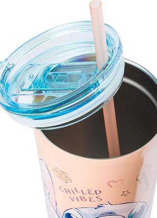 Silver Buffalo Disney Lilo and Stitch Island Doodles Chilled Vibes Double Walled Stainless Steel Tumbler with Straw, 22 Ounces
