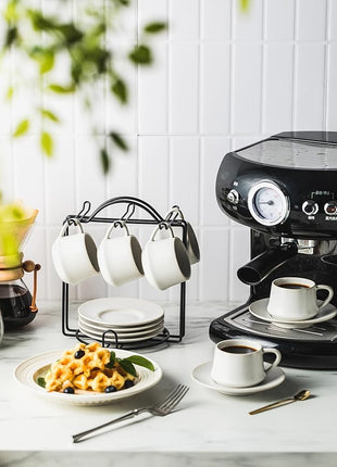 YHOSSEUN Espresso Cups with Saucers and Metal Stand, 4 Oz Ceramic Expresso Shots Cup Espresso Small Coffee Cups Set of 6, Beige