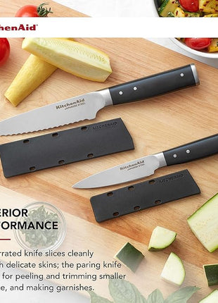 KitchenAid Gourmet 2 Piece Forged Triple Rivet Knife Set, 4.5 inch Fine Edge Utility Knife and 3.5 inch Paring Knife Set, Sharp Kitchen Knives, High Carbon Japanese Stainless Steel, Black