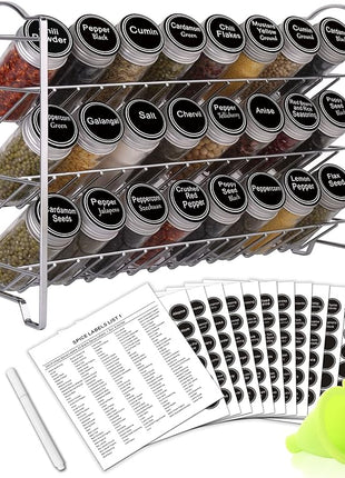 Spice Rack Organizer with 24 Empty Round Spice Jars, 396 Spice Labels with Chalk Marker and Funnel Complete Set, SWOMMOLY Spice Rack for Cabinet, Countertop or Wall Mount, Silver