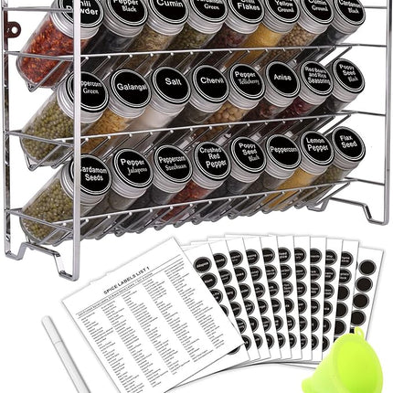 Spice Rack Organizer with 24 Empty Round Spice Jars, 396 Spice Labels with Chalk Marker and Funnel Complete Set, SWOMMOLY Spice Rack for Cabinet, Countertop or Wall Mount, Silver
