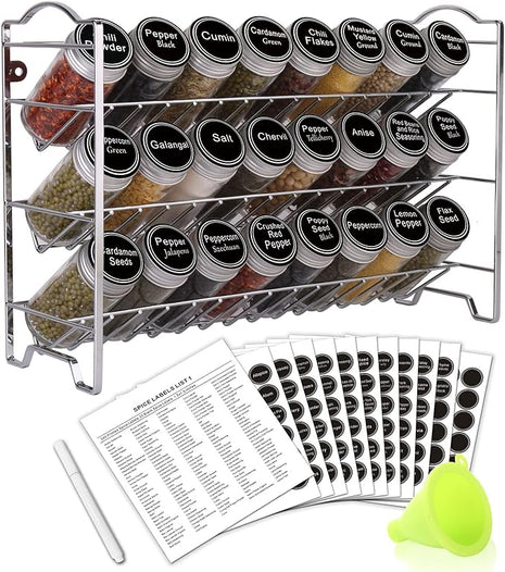 Spice Rack Organizer with 24 Empty Round Spice Jars, 396 Spice Labels with Chalk Marker and Funnel Complete Set, SWOMMOLY Spice Rack for Cabinet, Countertop or Wall Mount, Silver
