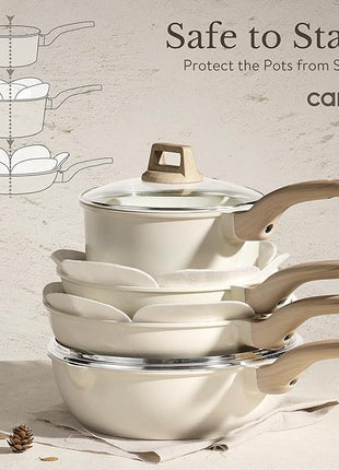 CAROTE ICE 35pcs Pots and Pans Set, Nonstick Cookware Sets, White Granite Induction Cookware with Kitchen Knife Set