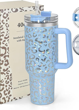 40 oz Tumbler with Handle and Straw, 100% Leak-Proof Travel Mug, Stainless Steel Double Wall Vacuum Insulated Coffee Cup Keeps Cold For 34 Hours, Dishwasher Safe, Hawkes Blue Leopard