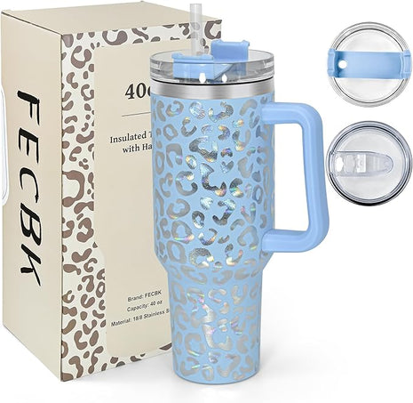 40 oz Tumbler with Handle and Straw, 100% Leak-Proof Travel Mug, Stainless Steel Double Wall Vacuum Insulated Coffee Cup Keeps Cold For 34 Hours, Dishwasher Safe, Hawkes Blue Leopard