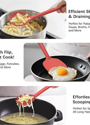 Coukre Silicone Kitchen Cooking Utensils Set with Holder – Heat-Resistant, Food-Grade Kitchen Tools, Spatula, Spoon & Gadgets for Non-Stick Pans, Dishwasher Safe (14, PureRed)
