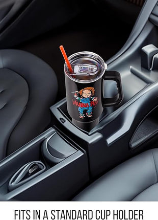 Silver Buffalo Chucky Holding Knife Wanna Play Spooky Scary Stainless Steel Tumbler with Handle and Straw, Fits in Standard Cup Holder, 40 Ounces