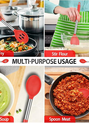 Pack of 2 Large Silicone Cooking Spoons, Non-Stick Stainless Steel Slotted and Solid Spoon Set for Serving, Mixing, Draining, Heat Resistant, Scratch Resistant and BPA Free Kitchen Scoops (Red)