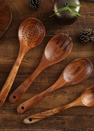 Wooden Kitchen Cooking Utensils Set, NAYAHOSE 7 Pcs Natural Teak Wooden Spoons and Spatulas for Non-stick Pan