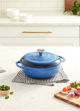 Lodge 3 Quart Enameled Cast Iron Dutch Oven with Lid – Dual Handles – Oven Safe up to 500° F or on Stovetop - Use to Marinate, Cook, Bake, Refrigerate and Serve – Caribbean Blue