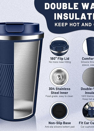 Insulated Coffee Tumblers with Flip Lid 12oz / 17oz, Stainless Steel Travel Coffee Mug Leak Proof, Vacuum Insulated Coffee Mug Reusable Cup, Keeps Cold and Hot for Coffee Tea