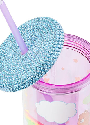 Silver Buffalo Care Bears Plastic Cold Cup with Rhinestone Lid and Straw Featuring Good Luck Bear, Love-a-Lot Bear, Friendship Bear, Tenderheart Bear, and Grumpy Bear, 20 Ounces