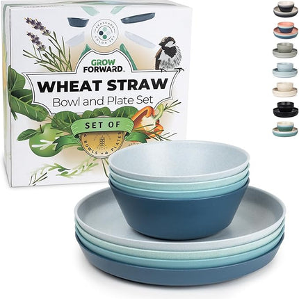 Grow Forward Premium Wheat Straw Plates and Bowls Sets - 8-Piece Wheat Straw Dinnerware Sets - Unbreakable & Reusable Microwave Safe Plastic Dinner Plates for Outdoors, RV, Camping Dishes - Seascape