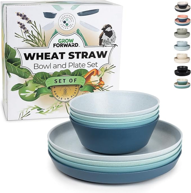 Grow Forward Premium Wheat Straw Plates and Bowls Sets - 8-Piece Wheat Straw Dinnerware Sets - Unbreakable & Reusable Microwave Safe Plastic Dinner Plates for Outdoors, RV, Camping Dishes - Seascape