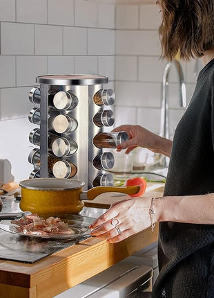 Rotating Spice Rack Organizer with Jars(20Pcs), Seasoning Organizer for Cabinet, Kitchen Spice Racks for Countertop, Revolving Stainless Steel Spice Organizer