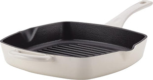 Ayesha Curry Collection Cast Iron Square Grill Pan with Pour Spouts, 10-Inch, French Vanilla