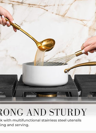 Styled Settings White and Gold Cooking Utensils Set with Holder - 15-Piece Silicone Cooking Tools with Utensil Holder, Measuring Cups, and Spoons - Elegant White and Gold Kitchen Accessories