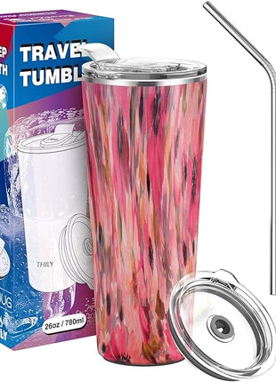 THILY Vacuum Insulated Stainless Steel Tumbler Travel Mug 26 oz Coffee Cup with 2 Lids and Straws, Splash Proof, Reusable, Keep Iced Drinks Cold, Watercolor Flower