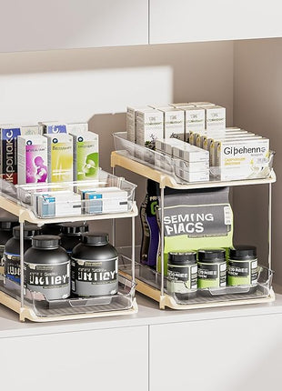 Delamu 2-Tier Multi-Purpose Bathroom Under Sink Organizers and Storage, Stackable Kitchen Pantry Organization, Pull Out Medicine Cabinet Organizer with Movable Dividers, Beige, 2 Pack