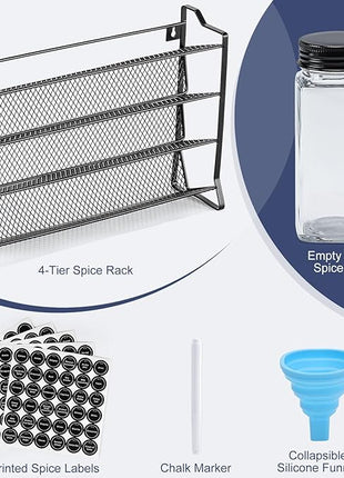 AOZITA Spice Rack Organizer for Cabinet, Spice Organizer with 28 Empty Spice Jars with Black Lids, Funnel, Spice Labels, Seasoning Organizer for Countertop, Cabinet, Kitchen, Pantry, Cupboard