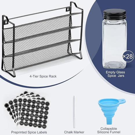 AOZITA Spice Rack Organizer for Cabinet, Spice Organizer with 28 Empty Spice Jars with Black Lids, Funnel, Spice Labels, Seasoning Organizer for Countertop, Cabinet, Kitchen, Pantry, Cupboard