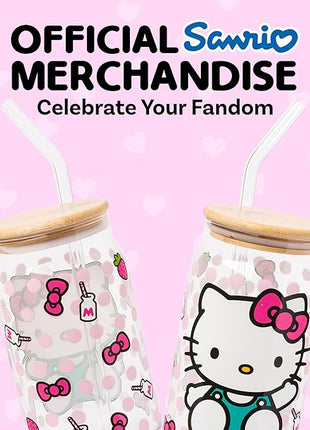 Silver Buffalo Sanrio Hello Kitty Strawberry Milk Bow Pink Polka Dot Glass Jar Tumbler with Bamboo Lid and Glass Straw, 16 Ounces