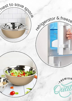 WHYSKO Meal Prep Stainless Steel Mixing Bowls Set, Home, Refrigerator, and Kitchen Food Storage Organizers | Ecofriendly, Reusable, Heavy Duty (Khaki)