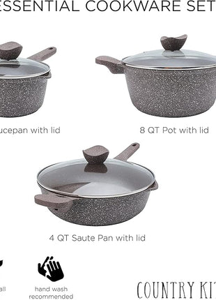 Country Kitchen Non-Stick Cast Aluminum Cookware Set - Durable Kitchen Cookware for Everyday Cooking, Chocolate Brown, 6 Pc.