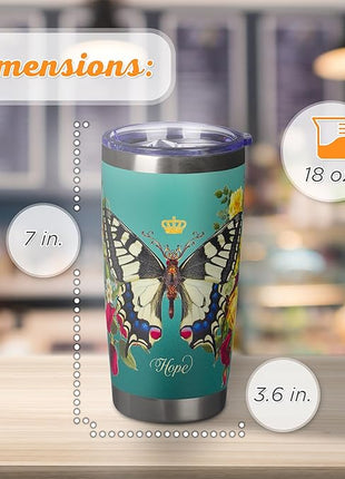 Christian Art Gifts Stainless Steel Double Wall Vacuum Insulated Tumbler 18 oz Butterfly Teal BPA-free Travel Mug with Retractable Lid Inspirational Bible Verse for Women - Hope -Isaiah 40:31