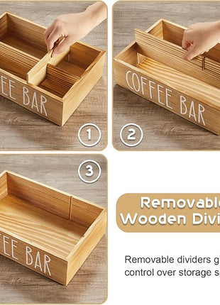 ALELION ALEION Brown Coffee Station Organizer - Wood Coffee Bar Accessories Organizer with Removable Dividers for Pods Condiment Syrup Tea Cups Stirrers - for Farmhouse Coutertop Decor