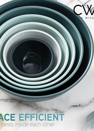 COOK WITH COLOR Mixing Bowls with TPR Lids - 12 Piece Plastic Nesting Bowls Set includes 6 Prep Bowls and 6 Lids, Microwave Safe Mixing Bowl Set (Teal)