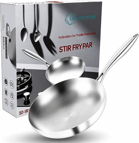 LOLYKITCH 10 Inch Tri-Ply Stainless Steel Frying Pan,Skillet,Chef's Induction Pan,Dishwasher and Oven Safe.