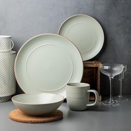 RINGAR Round Stoneware 16pc Dinnerware Set of 4, Dinner Plates, Side Plates, Cereal Bowls, Mugs - Speckle Matte White (406646)