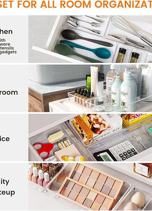Criusia 36 Pack Large Clear Plastic Drawer Organizer Bins - 6 Size Acrylic Kitchen Drawer Organization and Storage for Utensils Gadgets, Office Bathroom and Vanity Organizer for Makeup Accessoires