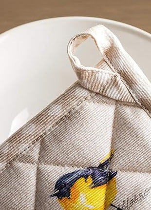 Maison d' Hermine Pot Holders set 100% Cotton Heat Resistant Potholders 8" x 8" Hot Pads with Loop BBQ, Cooking, Baking, Grilling, Kitchen, Handling Hot Pans Spring/Summer (Pack of 2, Birdies On Wire)