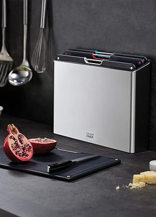 Joseph Joseph Folio 4-Piece Colour coded Cutting Board Set, Stainless Steel Slimline case for organized Kitchen storage, Silver