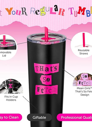 Dragon Glassware x Mean Girls Vacuum Insulated Tumbler with Lid and Straw - 24 oz Tumbler Cup with 2 Straws - Stainless Steel Tumbler with Straw for Water, Iced Tea - That's So Fetch