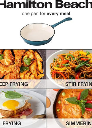 Hamilton Beach Enameled Cast Iron Fry Pan 8-Inch Navy, Cream Enamel Coating, Skillet Pan for Stove Top and Oven