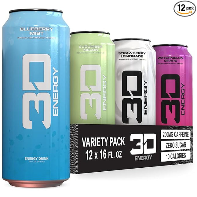 3D Sugar-Free Energy Drinks, Variety Pack - Clean Energy Drink with 200mg Caffeine, Taurine & L-Carnitine - Pre Workout Fitness Drink for Gym, Exercise & Everyday Performance