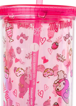 Silver Buffalo Sanrio Hello Kitty and Friends My Melody Strawberry Donut and Milkshake Pattern Plastic Cold Cup with Lid and Straw, 20 Ounces