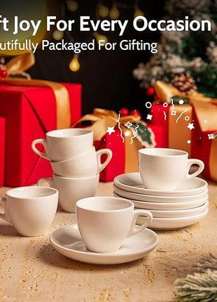 Sweese 4oz Porcelain Espresso Cups with Saucers, Set of 6 - Ideal for Espresso, Cappuccino, Latte, Tea - White