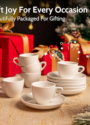 Sweese 2 Ounce Espresso Cups with Saucers, Porcelain Espresso Cups Set of 6 - White