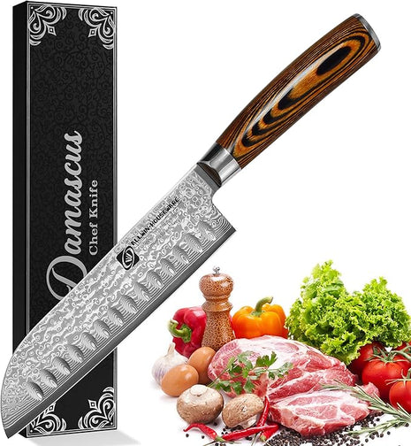 Japanese Santoku Knife 7" Damascus VG10 Stainless Steel 67-Layer Forged Razor Sharp Asian Chef's Knife Pakkawood Handle Precision Slicing Dicing Chopping Meat Fish Vegetables Gift Box