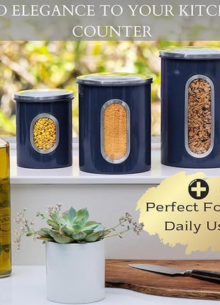 Mixpresso 3-Piece Blue Canisters Sets For The Kitchen, Airtight Canister Set With See Through Window, Storage Jars for Coffee Container, Tea Organizer & Sugar Canister, Blue Kitchen Canisters