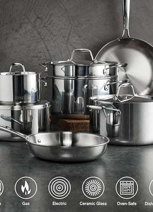Tramontina Signature Tri-Ply Clad Stainless Steel 11-Piece Cookware Set with Lids, Pots and Pans Kitchen Set, Induction-Ready, Dishwasher-Safe, NSF-Certified