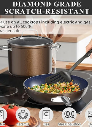 Nuwave Healthy Duralon Blue Ceramic Nonstick Cookware Set, Diamond Infused Scratch-Resistant, PFAS Free, Dishwasher & Oven Safe, Induction Ready & Evenly Heats, Tempered Glass Lids & Stay-Cool Handles