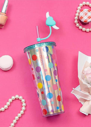 bzyoo 24 oz SIP Tumbler with Heart-Shaped w/Wing Straw Cap Cover– Cute DotDot Design Iridescent Tumbler, BPA-Free Cup with Lid and Straw, Perfect for Iced Coffee, Tea, Party and Gift