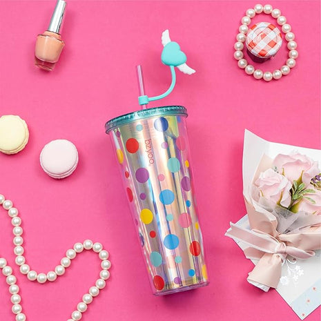 bzyoo 24 oz SIP Tumbler with Heart-Shaped w/Wing Straw Cap Cover– Cute DotDot Design Iridescent Tumbler, BPA-Free Cup with Lid and Straw, Perfect for Iced Coffee, Tea, Party and Gift