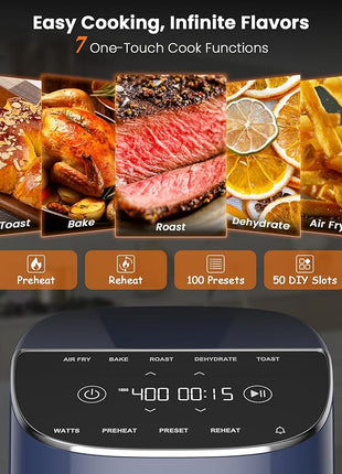Nuwave Brio Plus Air Fryer 8 Qt, New & Improved, PFAS-FREE, 7 Digital One-Touch Cook Functions that AIR FRY, BAKE, ROAST, DEHYDRATE, TOAST, REHEAT, PREHEAT, 150 Presets, 50°F~400°F (Deep Blue)