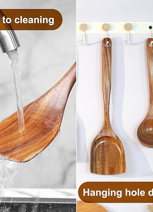 FJNATINH 10 PCS Wooden Spoons for Cooking - Teak Wooden Kitchen Utensil Set - Cooking Mixing Baking - Non-stick Healthy Kitchen Cookware Gifts for Women Housewarming Gifts